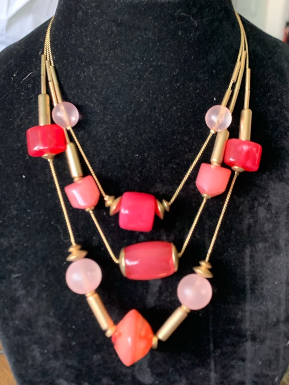 Chico's Coral Red & Light Pink Multi-Strand Beaded Necklace
